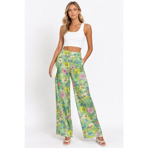 New Tags ZARA Green Floral Full Length Satin Effect Pants Size L 30 X 32 NWT